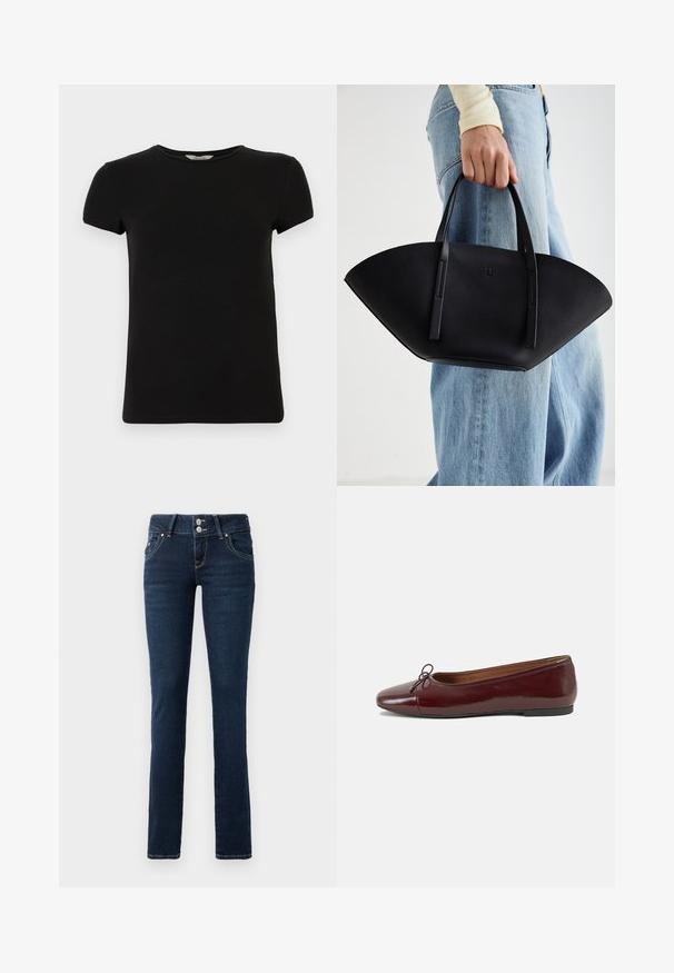 Tumedatest sinine puffermantel kapuutsiga, ilus esivöös, ülemõõdulise disainiga ja tikanditekstuuriga. Helk on põlvini ulatuv.; Heled halli lukuga kapuutsiga sviiter, millel on soonikuga krae ja varrukad, samuti nõela kudumise mustrid ja sile tekstuur. Ideaalne kihiliseks kandmiseks.; Musthave lühikeste varrukatega must T-särk, ümarate kaelustega, valmistatud siledast puuvillast kangast, millel on lihtne disain ja ilma nähtavate mustrite või aktsentideta.; Tumed sinised kitsad teksad kahekordse nööbiga, ees taskud ja kollane õmblus valgel taustal.; Burgundi patendnahk kingad balletitüüpi, ümmarguse ninaosa, ees väike paelaaktsent ja madal must kummist tald. Sile tekstuur.; Must mustra kott, millel on unikaalne fännikujuline disain, millel on lapikud käepidemed. Pinna tekstuur on kivikujuline ja disain on minimalistlik.