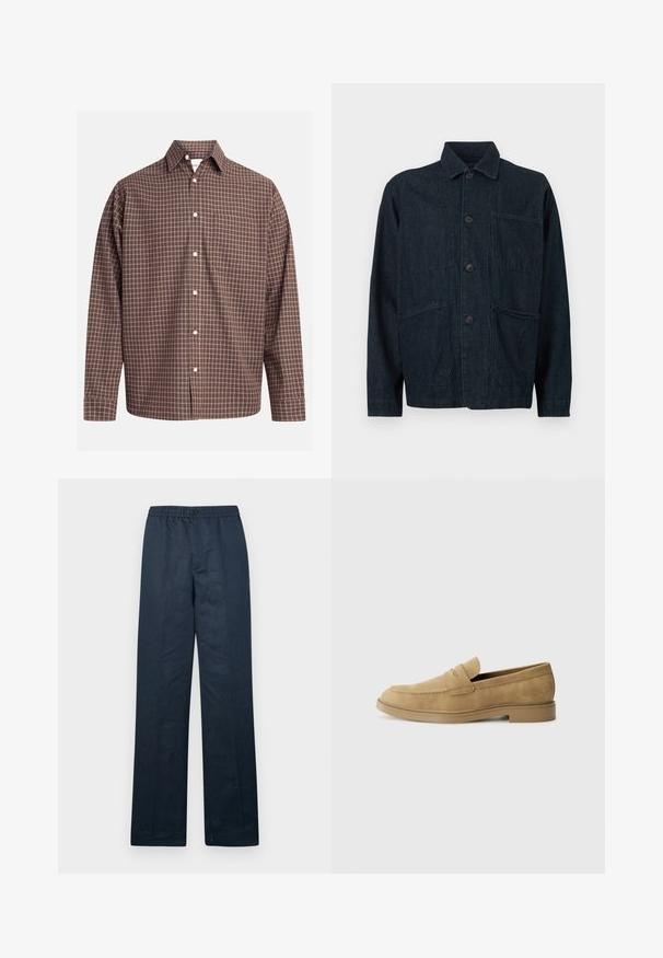 Tummansininen farkkutakki, jossa on kauluksellinen kaula, etupainikkeet ja kaksi suurta läpällistä taskua. Sisältää tekstuuripinnan.; Ruutupaitainen ruskea nappikauluspaita pitkillä hihoilla, jossa on rintatasku ja valkoiset napit teksturoidussa kankaassa.; Puvut siniset pellavasukat, joissa on rento leikkaus, joustava vyötärö ja yksi nappikiinnitys. Ominaisuuksiin kuuluu suorat lahkeet ja minimaalinen rakenne.; Sandaalit nahasta vaaleanruskeat, pyöreällä kärjellä, matalalla lohkokannan ja yläosan brodeerausvoitolla. Sileä pinta ja minimalistinen muotoilu.