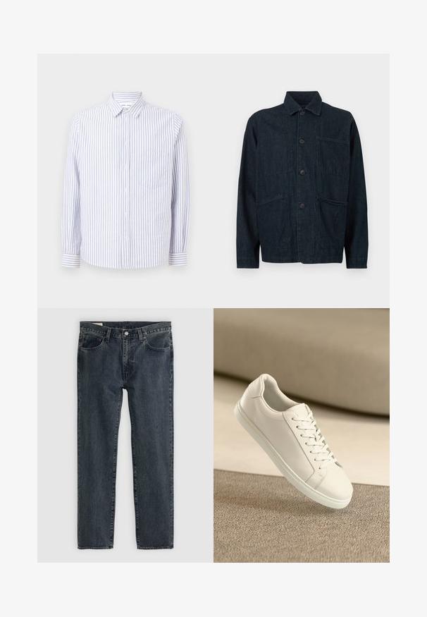 Dark blue denim jacket with a collared neck, front buttons, and two large patch pockets. Features a textured finish.; Striped button-up shirt in light blue and white. Features a pointed collar, long sleeves, and a single chest pocket. Cotton fabric.; Dark blue denim jeans with a straight leg design, five pockets, and a button-fly closure. The fabric shows a subtle fade and texture.; White leather sneaker with white laces, displayed on beige textured surface and soft blurred background.