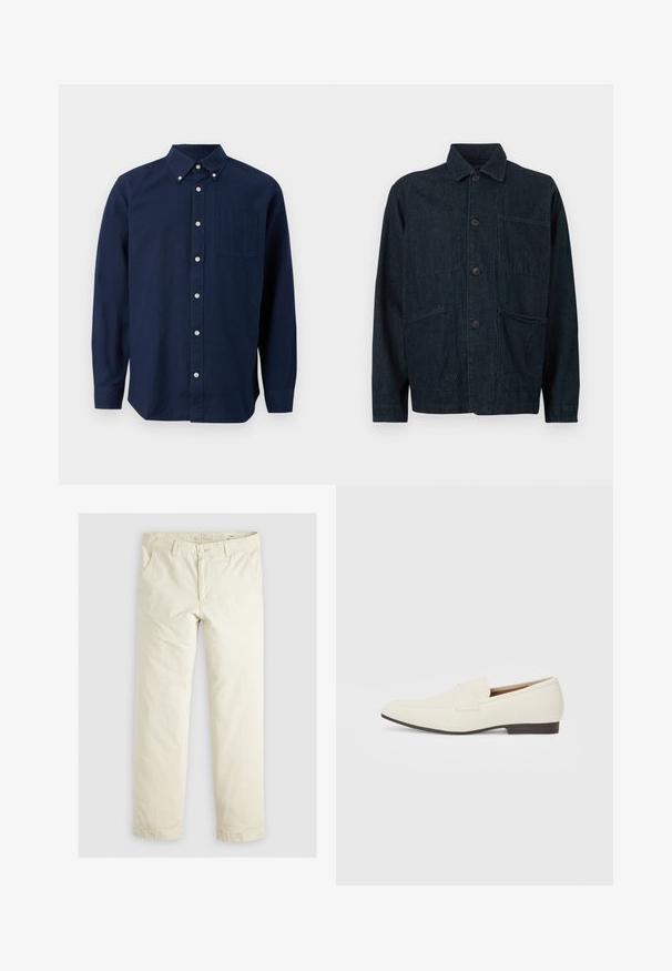 Jachetă din denim de culoare albastru închis, cu guler, nasturi frontali și două buzunare mari aplicate. Are o finisare texturată.; Cămașă cu mânecă lungă, de culoare albastru marin, cu nasturi și buzunar pe piept, prezentată pe un fundal alb.; Pantaloni lejeri de culoare bej deschis, cu trei buzunare, bretele și un design cu picior drept. Realizați dintr-un material moale din amestec de bumbac.; Loafers bej cu un vârf ascuțit, dintr-un material neted, cu o bandă peste vamp și o talpă joasă maro. Design simplu cu accente minime.