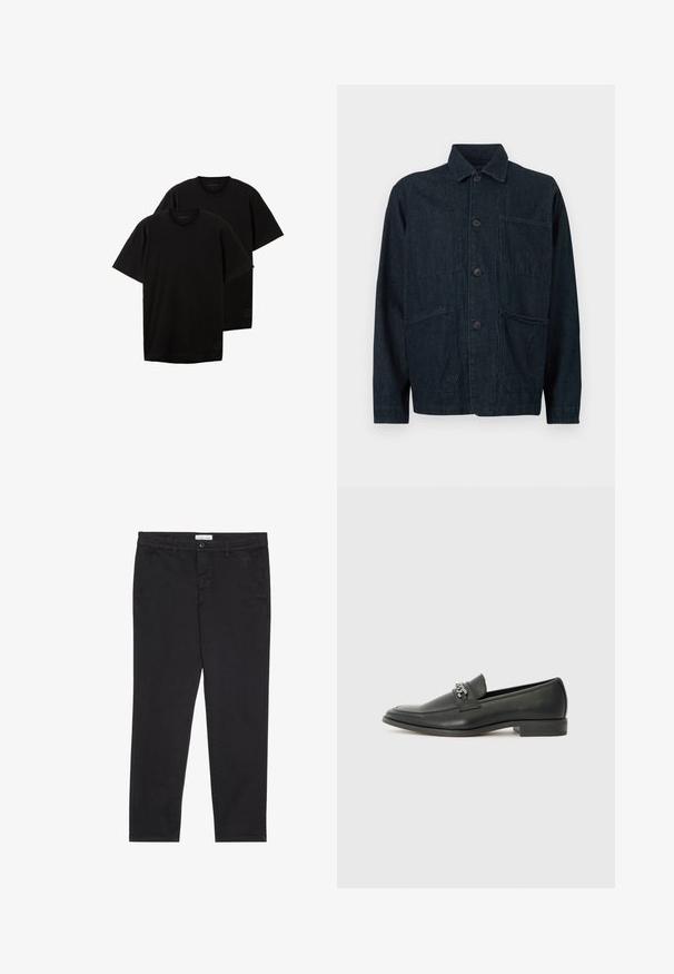 Giacca in denim blu scuro con colletto, bottoni frontali e due grandi tasche applicate. Presenta una finitura texturizzata.; T-shirt in cotone nero, colletto a giro, maniche corte, vestibilità rilassata, con un piccolo logo sul lato sinistro in basso, venduti in un set di due.; Pantaloni neri in cotone con vestibilità slim, dotati di due tasche laterali e chiusura anteriore con bottone. Tessuto testurizzato con dettagli sottili.; Mocassino in pelle nera con finitura liscia, caratterizzato da un design cucito e da un accento decorativo in catena metallica sul vamp. Tacco piatto.