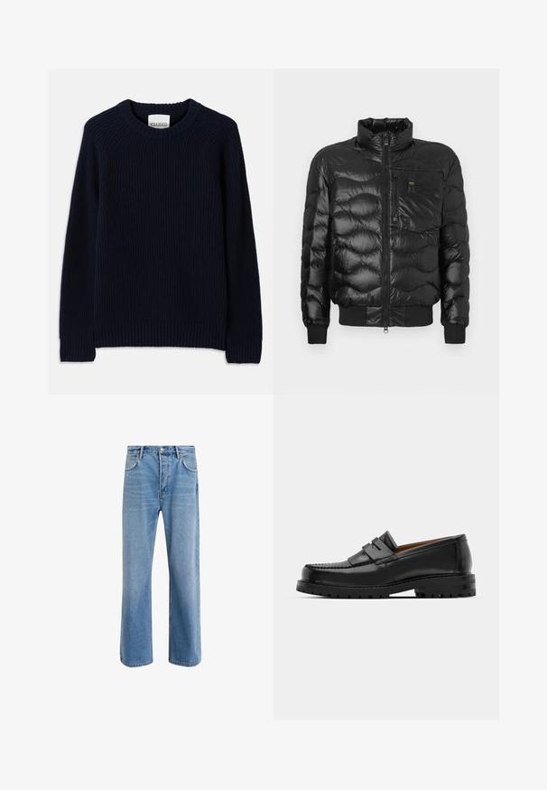 Czarna kurtka puchowa o błyszczącej powierzchni, z wysokim kołnierzem, zapięciem na zamek oraz poziomym pikowaniem. Zawiera kieszeń na piersi i ściągacze przy mankietach.; Granatowy sweter z prążkowanego materiału o okrągłym dekolcie i długich rękawach. Posiada prosty dół i teksturowany wzór na całej powierzchni.; Jasnoniebieskie dżinsy o prostym kroju, pięć kieszeni, zapięcie na guzik, minimalne blaknięcia i kontrastowe wykończenia szwów.; Czarne skórzane mokasyny mają wyraźny szew, dwa dekoracyjne paski na górze oraz grubą, teksturowaną podeszwę dla lepszej przyczepności.