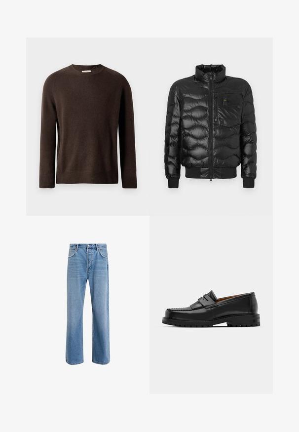 Doudoune noire au fini brillant, dotée d'un col montant, d'une fermeture éclair et de coutures horizontales. Comprend une poche poitrine et des poignets côtelés.; Pull en maille à manches longues de couleur marron avec des poignets et un ourlet côtelés, présenté sur un fond clair uni.; Jeans en denim bleu clair avec une coupe droite, cinq poches, fermeture à bouton, peu d'usure et des détails de couture contrastés.; Des mocassins en cuir noir présentent une couture surélevée, deux sangles décoratives sur le dessus et une semelle épaisse et texturée pour une meilleure adhérence.
