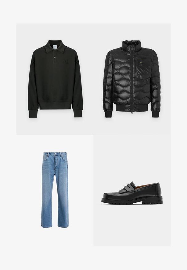 Black puffer jacket with a glossy finish, featuring a high collar, zip closure, and horizontal quilting. Includes a chest pocket and ribbed cuffs.; Black long-sleeve polo shirt in soft fabric, featuring a classic collar, two-button placket, and an embossed logo on the chest.; Light blue denim jeans with a straight-leg design, five pockets, button closure, minimal fading, and contrasting stitching details.; Black leather loafers feature a raised seam, two decorative straps on the upper, and a thick textured sole for added grip.