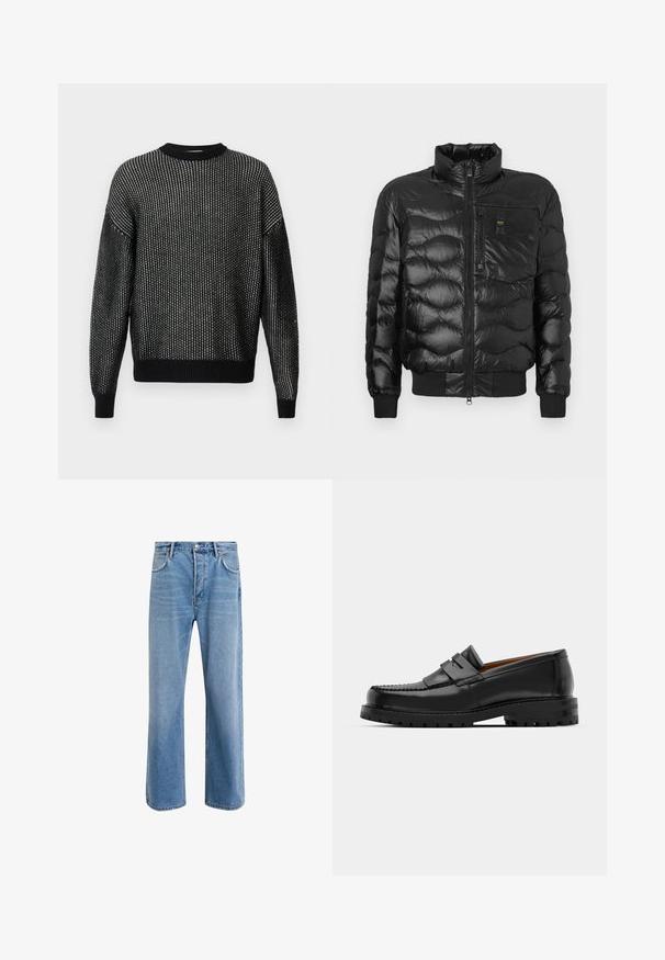Black puffer jacket with a glossy finish, featuring a high collar, zip closure, and horizontal quilting. Includes a chest pocket and ribbed cuffs.; Black knitted sweater with a loose fit, featuring a textured pattern, ribbed neckline, cuffs, and hem. Long sleeves without visible seams.; Light blue denim jeans with a straight-leg design, five pockets, button closure, minimal fading, and contrasting stitching details.; Black leather loafers feature a raised seam, two decorative straps on the upper, and a thick textured sole for added grip.