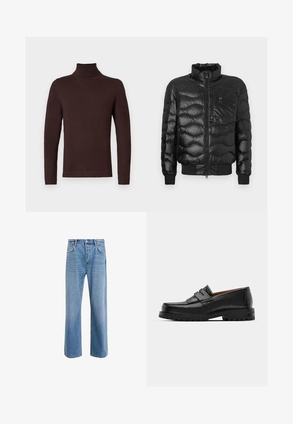 Czarna kurtka puchowa o błyszczącej powierzchni, z wysokim kołnierzem, zapięciem na zamek oraz poziomym pikowaniem. Zawiera kieszeń na piersi i ściągacze przy mankietach.; Ciemnobrązowy sweter z długim rękawem i golfem o dopasowanym kroju, wyeksponowany na jednolitym białym tle.; Jasnoniebieskie dżinsy o prostym kroju, pięć kieszeni, zapięcie na guzik, minimalne blaknięcia i kontrastowe wykończenia szwów.; Czarne skórzane mokasyny mają wyraźny szew, dwa dekoracyjne paski na górze oraz grubą, teksturowaną podeszwę dla lepszej przyczepności.