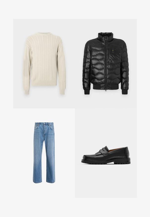 Črna puhovka z lesketajočo površino, ki ima visok ovratnik, zadrgo in vodoravno prešito strukturo. Vključuje žep na prsih in rebraste manšete.; Svetlo bež pletena jopica z rebrasto teksturo, z navpičnimi črtami, okrog limbo in rebrastimi manšetami ter roba.; Svetlo modre denim kavbojke s ravno nogavico, petimi žepi, z gumbom za zapiranje, minimalnim zbledelostjo in kontrastnimi šivi.; Črne usnjene loafersice imajo dvignjen šiv, dve dekorativni trakovi na zgornjem delu in debel strukturiran podplat za boljši oprijem.