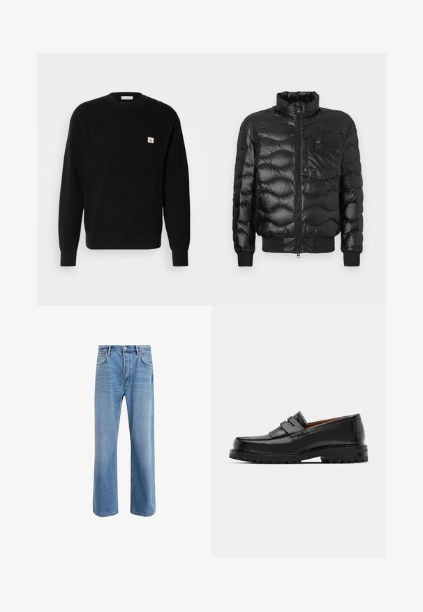Czarna kurtka puchowa o błyszczącej powierzchni, z wysokim kołnierzem, zapięciem na zamek oraz poziomym pikowaniem. Zawiera kieszeń na piersi i ściągacze przy mankietach.; Czarny sweter z dzianiny o prążkowanej strukturze, z okrągłym dekoltem i małą naszywką z białym i czerwonym logo na lewej piersi. Klasyczny krój z długimi rękawami.; Jasnoniebieskie dżinsy o prostym kroju, pięć kieszeni, zapięcie na guzik, minimalne blaknięcia i kontrastowe wykończenia szwów.; Czarne skórzane mokasyny mają wyraźny szew, dwa dekoracyjne paski na górze oraz grubą, teksturowaną podeszwę dla lepszej przyczepności.