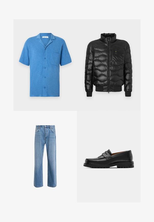 Jachetă puffer neagră cu un finisaj lucios, având guler înalt, închidere cu fermoar și matlasare orizontală. Include un buzunar pe piept și manșete ribbate.; Cămașă cu mâneci scurte, albastră, din țesătură texturată. Are guler decupat și buzunar la piept.; Jeans din denim bleu deschis cu un design drept, cinci buzunare, închidere cu buton, decolorare minimă și detalii de cusătură în contrast.; Mocasinii din piele neagră au o cusătură ridicată, două bare decorative pe partea superioară și o talpă groasă texturată pentru o aderență suplimentară.