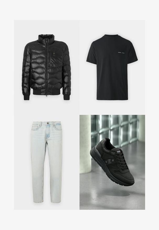 Mustapuffatakki, jossa on kiiltävä pinta, korkea kaulus, vetoketjusuljenta ja vaakasuora tikkaus. Sisältää rintataskun ja ribbireunat.; Musta puuvillapaita, jossa on klassinen pyöreä kaula-aukko, lyhyet hihat ja kaksi pientä valkoista "SAMSØE"-logoa vasemmassa rinnassa.; Vaaleansiniset farkut suoran lahkeen leikkauksella, viiden taskun suunnittelulla ja napituslähetyksellä. Kangas näyttää haalistuneelta ja hieman kulutetulta.; Musta urheilukenkä, jossa on sileä nahkainen päällinen, teksturoidut vuorikankaat, nauhakiinnitys ja kumipohja, jossa on voimakkaat kuvioinnit.