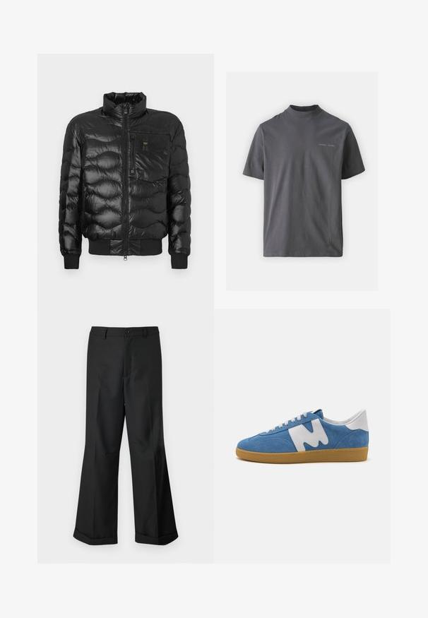 Must must jalats, millel on läikiv viimistlus, kõrgema kaelusega, luku kinnis ja horisontaalne tikand. Sisaldab rinna taskut ja soonikkoes varrukaid.; Samsøe Samsøe NORSBRO - Lihtne T-särk - volcanic ash; Mustad laiad püksid nupuga vöökoha ja cuffidega hemmed, esitatud lihtsa valge tausta taustal.; MSGM RETRO TRAINER - Tossud - light blue