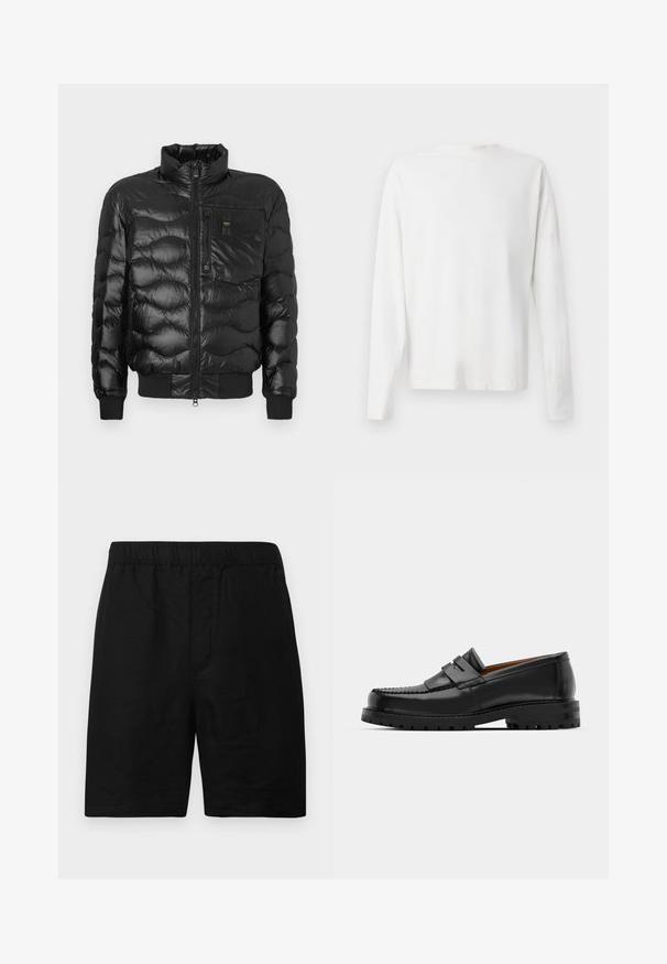 Black puffer jacket with a glossy finish, featuring a high collar, zip closure, and horizontal quilting. Includes a chest pocket and ribbed cuffs.; Long-sleeved white cotton shirt with a round neckline, side slits at the bottom, and a smooth texture, displayed from the back.; Black shorts with an elastic waistband, made of a textured fabric, featuring a straight cut and no visible pockets or accents.; Black leather loafers feature a raised seam, two decorative straps on the upper, and a thick textured sole for added grip.