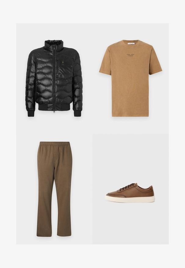 Must must jalats, millel on läikiv viimistlus, kõrgema kaelusega, luku kinnis ja horisontaalne tikand. Sisaldab rinna taskut ja soonikkoes varrukaid.; Pruun puuvillane T-särk, ümmarguse kaelusega, lühikeste varrukatega, mille ees on must tekst "SAMSE SAMSE KOPENHAAGEN".; Samsøe Samsøe JABARI - Püksid - canteen; Pruun nahast tennis, millel on sile viimistlus, paeltega disain ja kontrastne virsikuvärvi kummitald. Minimalistlik bränding külgedel.