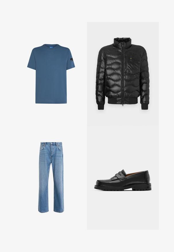 Must must jalats, millel on läikiv viimistlus, kõrgema kaelusega, luku kinnis ja horisontaalne tikand. Sisaldab rinna taskut ja soonikkoes varrukaid.; Sinine puuvillane T-särk, millel on ümar kaelus, lühikesed varrukad ja must logomärk vasakul varrukal. Sile tekstuur ja mugav lõige.; Heledad sinine teksapüksid otse lõikega, viie taskuga, nupuga sulgemine, minimaalne kulumine ja kontrastsed õmbluse detailid.; Mustad mustad nahast kingad on varustatud tõstetud õmblusega, kahe dekoratiivse rihmaga peal, ja paksu tekstuuriga tallaga paremaks haardeks.