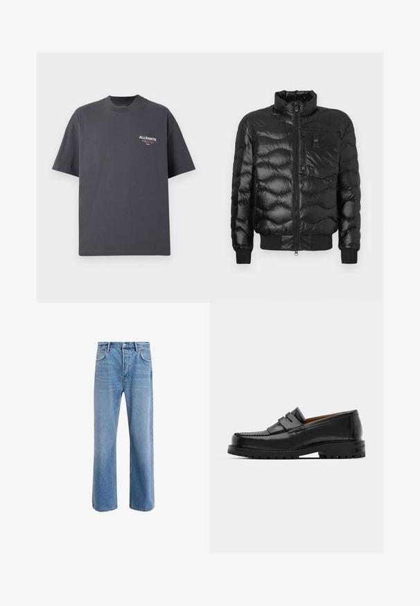 Black puffer jacket with a glossy finish, featuring a high collar, zip closure, and horizontal quilting. Includes a chest pocket and ribbed cuffs.; Dark gray cotton T-shirt with a crew neckline, short sleeves, and a "All Saints" logo in white and red on the chest. Simple design.; Light blue denim jeans with a straight-leg design, five pockets, button closure, minimal fading, and contrasting stitching details.; Black leather loafers feature a raised seam, two decorative straps on the upper, and a thick textured sole for added grip.