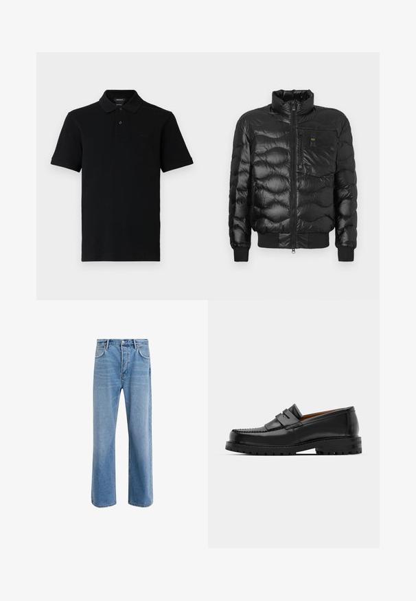 Jachetă puffer neagră cu un finisaj lucios, având guler înalt, închidere cu fermoar și matlasare orizontală. Include un buzunar pe piept și manșete ribbate.; Tricou polo negru cu mâneci scurte, două nasturi, guler și manșete rebele, cu logo subtil embosat pe partea stângă a pieptului.; Jeans din denim bleu deschis cu un design drept, cinci buzunare, închidere cu buton, decolorare minimă și detalii de cusătură în contrast.; Mocasinii din piele neagră au o cusătură ridicată, două bare decorative pe partea superioară și o talpă groasă texturată pentru o aderență suplimentară.
