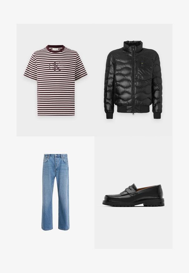 Juodas pūkinis švarkas su blizgiu paviršiumi, turintis aukštą apykaklę, užtrauktuką ir horizontalų siuvinėjimą. Įrengtas krūtinės kišenė ir ripsuoti rankogaliai.; Juostelėta marškinėlių suapvalintu kaklu ir trumpomis rankovėmis, bordo ir grietinėlės spalvų. Centriniame regione matomas „Calvin Klein“ logotipas. Minkšta audinio tekstūra.; Šviesiai mėlyni džinsai su tiesiu kirpimu, penkios kišenės, mygtuko užsegimas, minimalus blukimas ir kontrastingi siuvimo detalės.; Juodi odiniai loafersai pasižymi pakelta siūle, dviem dekoratyviais dirželiais ant viršaus ir storu tekstūruotu padu, kad būtų užtikrintas didesnis sukibimas.