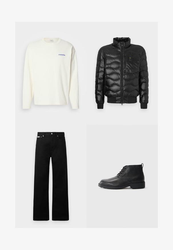 Crna puffer jakna s sjajnom površinom, s visokim ovratnikom, zatvaranjem na zip i horizontalnim šavovima. Sadrži džep na prsima i rebraste manžete.; Dugih rukava, krem boje, majica od pamuka s okruglim izrezom i malim plavim Calvin Klein логом na lijevoj strani prsnog dijela. Mekana tekstura.; Crne traperice širokog kroja, s pet džepova i metalnim dugmadi. Glatka tekstura, bez vidljivih uzoraka.; Crne kožne čizme s teksturiranim završetkom, okruglim prstom, vezanjem sprijeda i čvrstim gumenim potplatom. Imaju mali povlačni tab na stražnjem dijelu.