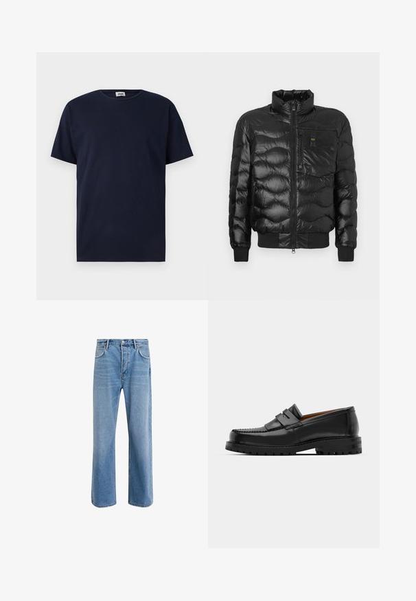 Sort pufferjakke med en blank finish, som har en høj krave, lynlås lukning og vandret quilting. Inkluderer en brystlomme og ribbede manchetter.; Marineblå kortærmet t-shirt lavet af bomuld, med rund halsudskæring og en afslappet pasform uden synlige mønstre eller accenter.; Lyseblå denim jeans med lige ben-design, fem lommer, knaplukning, minimal falming og kontraststingdetaljer.; Sorte læder loafers har en forhøjet søm, to dekorative remme på overdelen og en tyk struktureret sål for bedre greb.