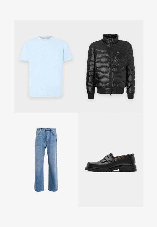 Black puffer jacket with a glossy finish, featuring a high collar, zip closure, and horizontal quilting. Includes a chest pocket and ribbed cuffs.; Light blue cotton t-shirt with short sleeves and a round neckline. Fabric has a subtle texture, with no visible patterns or graphics.; Light blue denim jeans with a straight-leg design, five pockets, button closure, minimal fading, and contrasting stitching details.; Black leather loafers feature a raised seam, two decorative straps on the upper, and a thick textured sole for added grip.