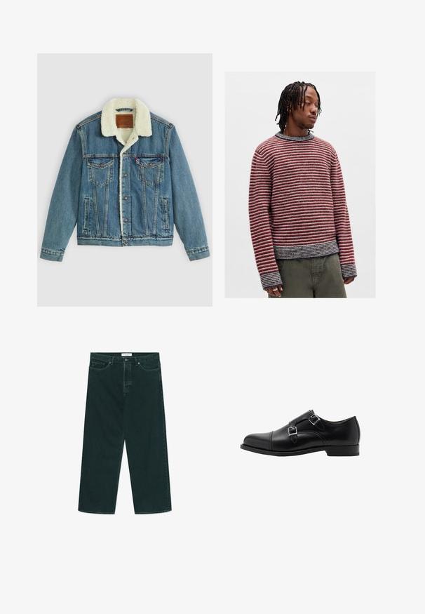 Denimjakke med en lys blå vask, faux shearling-krave, to brystlommer og knaplukninger. Har et lædermærke ved nakken.; Rød og grå stribet sweater med rund halsudskæring, ribbestrikkede manchetter og en let cropped pasform. Blød tekstur med et afslappet design.; Mørkegrønne vidde denimjeans med knap- og lynlås lukning, forlommer og bæltestropper, liggende fladt på en hvid baggrund.; Sorte læder dobbelte monk strap sko med rund tå og sølv spænder. Glat tekstur og en flad hæl sikrer stabilitet.