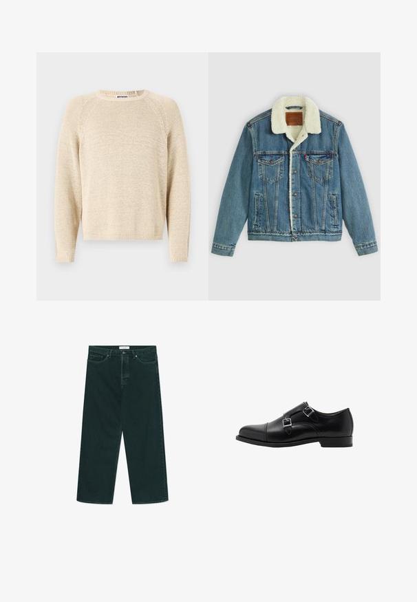 Denim jakna svetlo modre prane, z umetnim ovčjim krznom na ovratniku, dvema prsnikoma in gumbi za zapiranje. Ima usnjeni logotip na vratu.; Bež pleteno pulover s okroglo ovratnico, raglan rokavi in rebrastim robom. Teksturna tkanina z ohlapnim krojem in tkano površino.; Temno zelene široke jeans hlače iz denima z gumbom in zadrgo, sprednjimi žepi in zankami za pas, razprostrte na beli podlagi.; Črne usnjene čevlje z dvojnim monk zapiranjem, zaobljenim prstom in srebrnimi zaponkami. Gladka tekstura in ravna peta zagotavljata stabilnost.