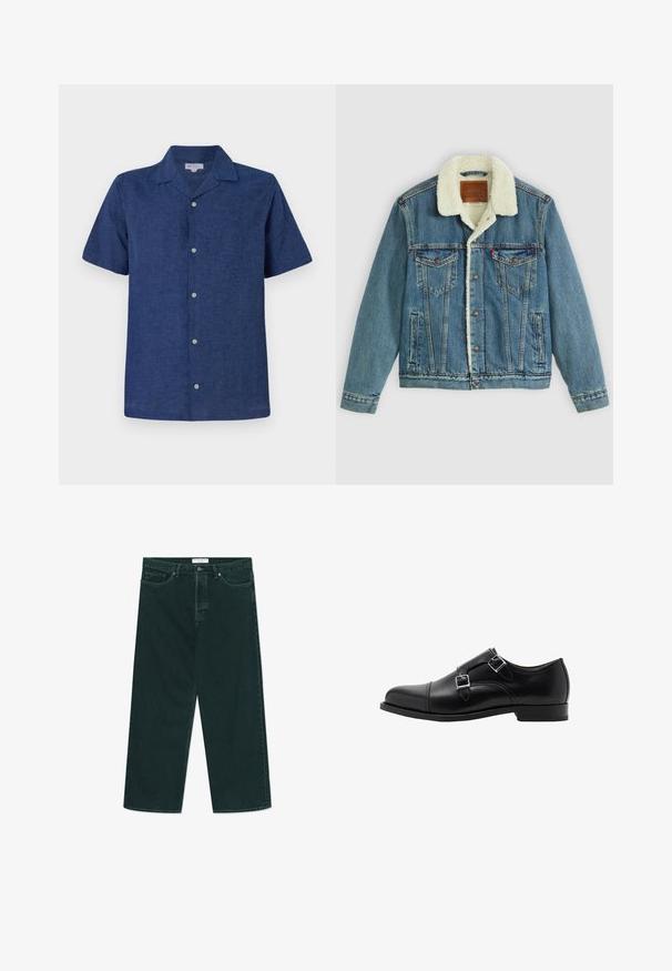 Traper jakna s svijetloplavim pranjem, krzneni ovratnik od umjetnog krzna, dva džepa na prsima i dugmad za zatvaranje. Sadrži kožni brand patch na vratu.; Košulja s kratkim rukavima, tamnoplava, napravljena od prozračnog materijala, s ovratnikom, funkcionalnim gumbima i blago teksturiranom završnom obradom.; Tamnozelene široke traperice s dugmadi i patentnim zatvaračem, prednjim džepovima i petljama zaremen, položene ravno na bijeloj pozadini.; Crne kožne cipele s dvostrukim monkom i zaobljenim vrhom te srebrnim kopčama. Glatka textura i ravni potplat pružaju stabilnost.