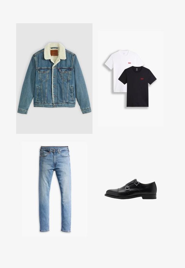 Džínová bunda s světle modrým umytím, límcem z umělé kožešiny, dvěma náprsními kapsami a knoflíkovým zapínáním. Obsahuje koženou značkovou nášivku na krku.; Dvé trička s krátkým rukávem: jedno bílé a jedno černé. Obě vyrobená z bavlny s červeným logem Levi's na hrudi. Jednoduchý design s kulatým výstřihem.; Světle modré džíny z denimu s rovně střiženým designem, pěti kapsami, zapínáním na knoflík a jemným blednutím po látce.; Černé kožené boty s dvojitým monk strap uzávěrem, kulatou špičkou a stříbrnými přezkami. Hladký povrch a plochý podpatek zajišťují stabilitu.
