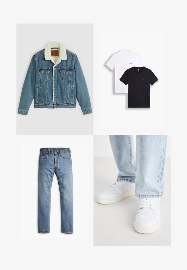 Džinsinė striukė su šviesiai mėlynu skalbimu, dirbtinio avikailio apykakle, dviem krūtinės kišenėmis ir mygtukų uždarymu. Turtinga odinė prekės ženklą žyma kaklo srityje.; Du mieli trumpi rankoviai marškiniai: vieni balti, kiti juodi. Abu pagaminti iš medvilnės, su raudona Levi's logotipu ant krūtinės. Paprastas apvalaus kaklo dizainas.; Mėlynos tiesios kojų džinsinės kelnės su penkiomis kišenėmis, diržo kilpomis ir metaliniu užsegimu ant balto fono.; Balti odiniai žemi modeliai kedai su perforuota nosimi, plokščiomis raištelėmis ir minimalistiniu dizainu. Suderinti su šviesiai mėlynomis džinsinėmis kelnėmis.