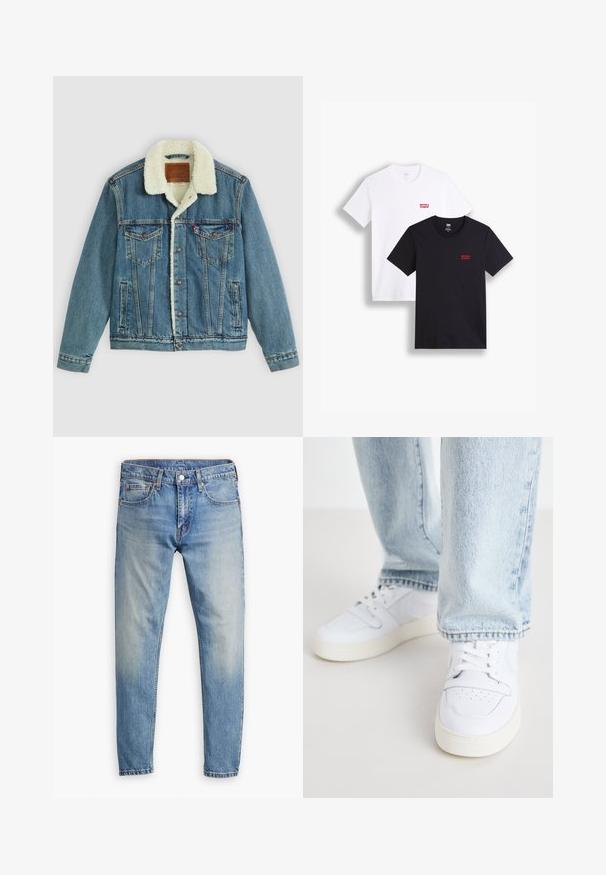 Chaqueta de denim con un lavado azul claro, cuello de felpa sintética, dos bolsillos en el pecho y cierres de botones. Presenta un parche de marca de cuero en el cuello.; Dos camisetas de manga corta: una blanca y una negra. Ambas de algodón con un logo rojo de Levi's en el pecho. Diseño simple de cuello redondo.; Jeans de mezclilla azul claro con corte recto, diseño de cinco bolsillos y costuras naranjas en contraste. Presenta un cierre de botón y cremallera.; Zapatillas bajas de cuero blanco con puntera perforada, cordones planos y diseño minimalista. Combinadas con pantalones vaqueros de mezclilla azul claro.