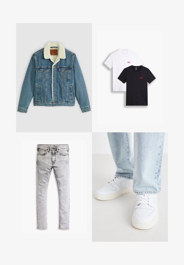 Chaqueta de denim con un lavado azul claro, cuello de felpa sintética, dos bolsillos en el pecho y cierres de botones. Presenta un parche de marca de cuero en el cuello.; Dos camisetas de manga corta: una blanca y una negra. Ambas de algodón con un logo rojo de Levi's en el pecho. Diseño simple de cuello redondo.; Vaqueros de mezclilla gris claro con textura desgastada, diseño de cinco bolsillos y costuras en contraste. Piernas rectas y cinturilla clásica.; Zapatillas bajas de cuero blanco con puntera perforada, cordones planos y diseño minimalista. Combinadas con pantalones vaqueros de mezclilla azul claro.