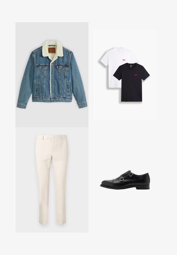 Džínová bunda s světle modrým umytím, límcem z umělé kožešiny, dvěma náprsními kapsami a knoflíkovým zapínáním. Obsahuje koženou značkovou nášivku na krku.; Dvé trička s krátkým rukávem: jedno bílé a jedno černé. Obě vyrobená z bavlny s červeným logem Levi's na hrudi. Jednoduchý design s kulatým výstřihem.; Světle béžové chinos kalhoty vyrobené z bavlny, s plochým předním dílem, poutky na opasek a bočními kapsami. Rovný střih a hladká textura.; Černé kožené boty s dvojitým monk strap uzávěrem, kulatou špičkou a stříbrnými přezkami. Hladký povrch a plochý podpatek zajišťují stabilitu.