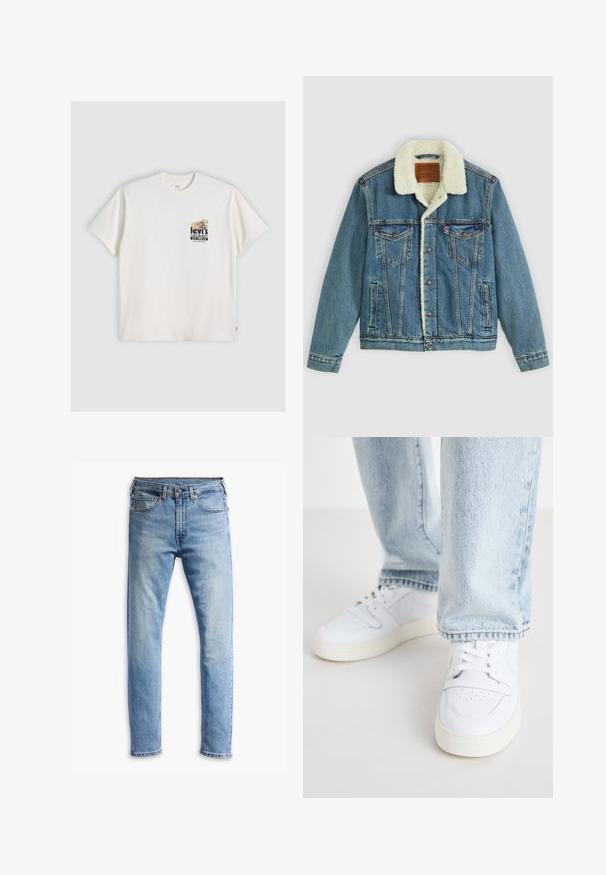 Džinsinė striukė su šviesiai mėlynu skalbimu, dirbtinio avikailio apykakle, dviem krūtinės kišenėmis ir mygtukų uždarymu. Turtinga odinė prekės ženklą žyma kaklo srityje.; Kremo spalvos orgυνinė medvilnės marškinėliai su trumpomis rankovėmis, su kišenės spauda, kurioje pavaizduoti vaisiai ir tekstas „levi's ORGANIC SAN FRANCISCO.“; Šviesiai mėlynos džinsinės kelnės su tiesiu kirpimu, penkiomis kišenėmis, mygtukų uždarymu ir subtiliu išblukimu per audinį.; Balti odiniai žemi modeliai kedai su perforuota nosimi, plokščiomis raištelėmis ir minimalistiniu dizainu. Suderinti su šviesiai mėlynomis džinsinėmis kelnėmis.