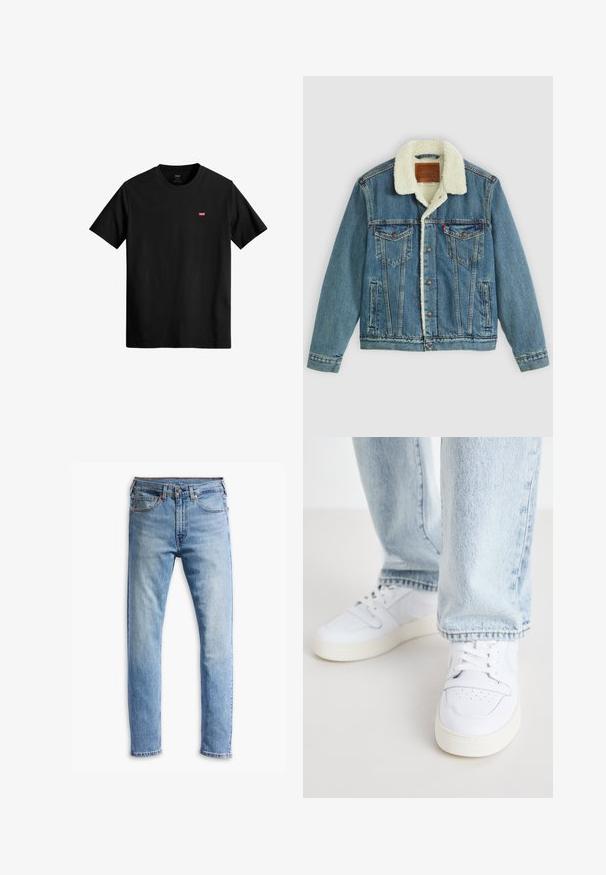 Denim jacket with a light blue wash, faux shearling collar, two chest pockets, and button closures. Features a leather brand patch at the neck.; Black cotton t-shirt with a crew neck, short sleeves, and a small red Levi's logo on the left chest. Lightweight and simple design.; Light blue denim jeans with a straight-cut design, five pockets, button closure, and subtle fading across the fabric.; White leather low-top sneakers with perforated toe, flat laces, and minimalistic design. Paired with light blue denim jeans.