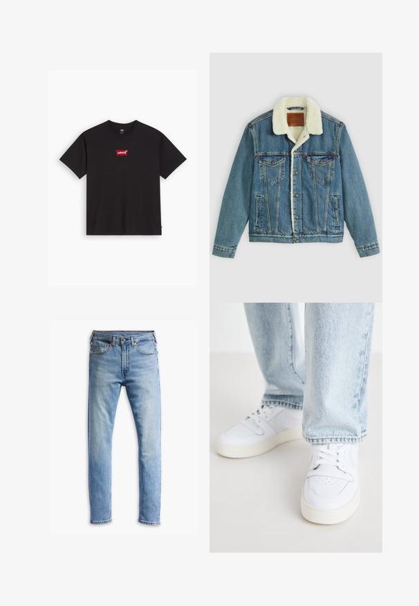 Sinine teksajakk kerge pesemisega, vale lammaste kraega, kaks rinnataskut ja nööpide kinnitused. Kaeluses on nahast brändi logo.; Must küllane puuvillane t-särk ümmarguse kaelusega. Rinnal on punane Levi'si logo valges ristkülikulises piirdenurgas. Lühikesed varrukad.; Heledad sinine teksapüksid, sirge lõikega disain, viie taskuga, nööpkinnitus ja mõõdukas pleekimine kogu kangas.; Valged nahast madala profiiliga spordijalatsid, millel on perforatsiooniga varvas, lame paelad ja minimalistlik disain. Koos helesiniste teksadega.