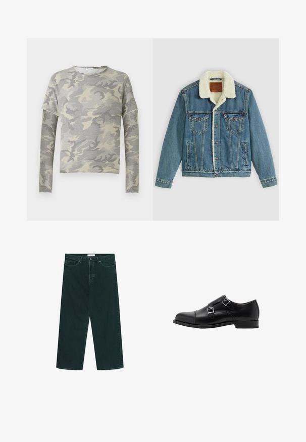 Denim jakna svetlo modre prane, z umetnim ovčjim krznom na ovratniku, dvema prsnikoma in gumbi za zapiranje. Ima usnjeni logotip na vratu.; Siva vojažno kamuflažna majica s dolgimi rokavi, okroglim izrezom in rahlo spuščeno ramo. Narejena je iz mehkega blaga z gladko teksturo.; Temno zelene široke jeans hlače iz denima z gumbom in zadrgo, sprednjimi žepi in zankami za pas, razprostrte na beli podlagi.; Črne usnjene čevlje z dvojnim monk zapiranjem, zaobljenim prstom in srebrnimi zaponkami. Gladka tekstura in ravna peta zagotavljata stabilnost.