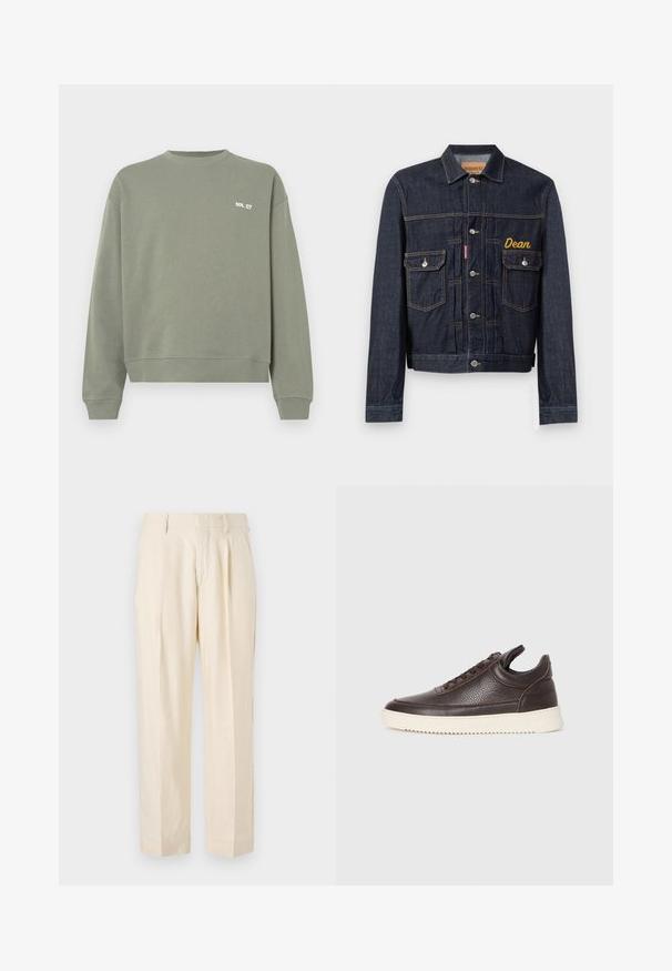 Tumši zila džinsa jaka ar klasisku dizainu, uz tās ir dzeltenā izšūtā vārda "Dean" nosaukums, divas krūšu kabatas un sudraba pogu detaļas.; Olīvu zaļš džemperis, izgatavots no kokvilnas, ar apaļu kakla izgriezumu, ribotiem piedurknēm un mazu balto teksta logotipu uz krūšu daļas.; NN.07 KAY - Auduma bikses - off white; Tumši brūnas tekstūrētas ādas sporta kurpes ar saistēm priekšā un baltu rievotu gumijas zoli uz vienkārša gaiša fona.