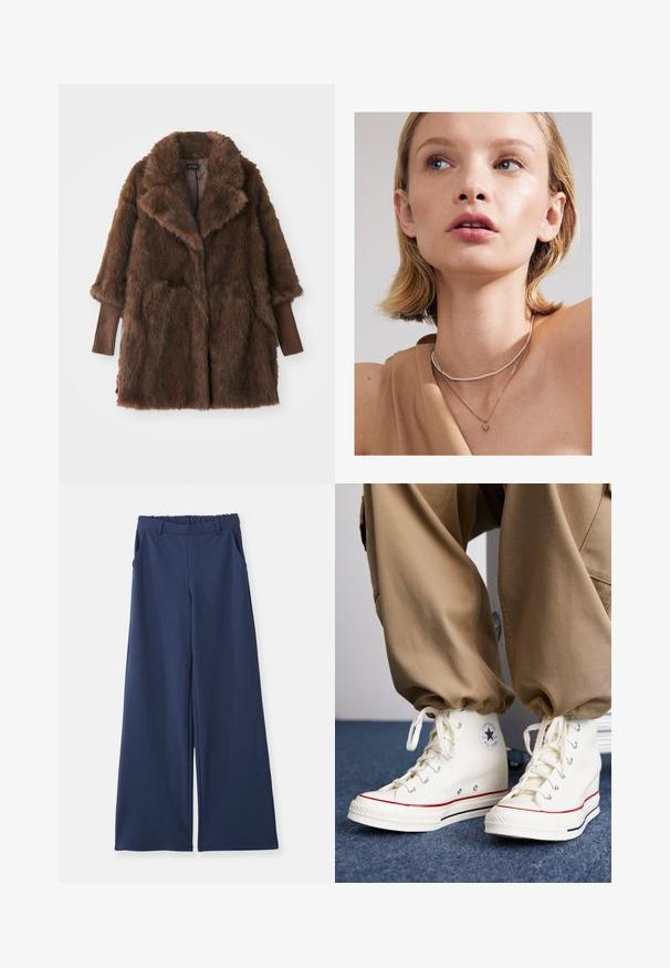 Hnedý umelý kožúšok s veľkým golierom, dvoma prednými vreckami a rebrovanými hnedými manžetami. Mäkká, plyšová textúra a stredná dĺžka.; Pruhovaná košeľa v krémovej a svetlohnedej farbe, s gombíkmi vpredu, golierom a dlhými rukávmi s mierne zakriveným lemom.; Námořnické modré široké kalhoty s elastickým pasem, poutky na opasek a postranními kapsami, zobrazené na bílé ploše.; Biele vysoké tenisky vyrobené z plátna s gumovou podrážkou, s čiernym hviezdovým logom a červenými a námorníckymi pruhmi.; Zlatý srdcový prívesok na náhrdelníku vrstvený s jemným strieborným korálkovým chokerom, nosený s béžovým topom. Pleť je hladká a jemne osvetlená.
