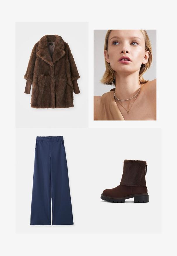 Pruun kunstkarvane mantli, millel on suur krae, kaks eesmist taskut ja ribatud pruuni varrukate otsad. Pehme, plush tekstuur ja keskmise pikkusega disain.; Kreemjas ja heleses pruunis triibuline särk, millel on nööpidega esiosak, kaelus ja pikad varrukad, millel on kergelt kõver äär.; Tumed sinise värviga laiad püksid, millel on elastne vöökoht, vöölüngad ja küljetaskud, laotatuna valgele taustale.; Pruunid pahkluu saapad pehmeast kunstkarusnahast varruga, plokkninakuga ja tekstureeritud kummitald. Küljel vetsk kinnitus ja õmmeldud detailid allosas.; Kuldne südame ripatsiga kaelakee, millele on kihtides lisatud õrn hõbedast helmedega kaelarihm, kantud beežist topsist. Nahk on sile ja kergelt valgustatud.