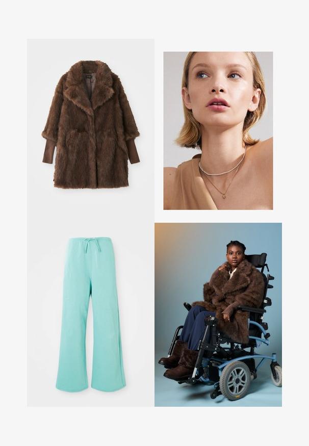 Hnedý umelý kožúšok s veľkým golierom, dvoma prednými vreckami a rebrovanými hnedými manžetami. Mäkká, plyšová textúra a stredná dĺžka.; Pruhovaná košeľa v krémovej a svetlohnedej farbe, s gombíkmi vpredu, golierom a dlhými rukávmi s mierne zakriveným lemom.; Svetlomodré voľné teplákové nohavice so elastickým pásom a predným šnurovaním, zobrazené na jednoduchom bielom pozadí.; Žena v hnedej kožuchu a čižmách sedí v svetlomodrom elektrickom vozíku na jednoduchom gradientnom pozadí.; Zlatý srdcový prívesok na náhrdelníku vrstvený s jemným strieborným korálkovým chokerom, nosený s béžovým topom. Pleť je hladká a jemne osvetlená.