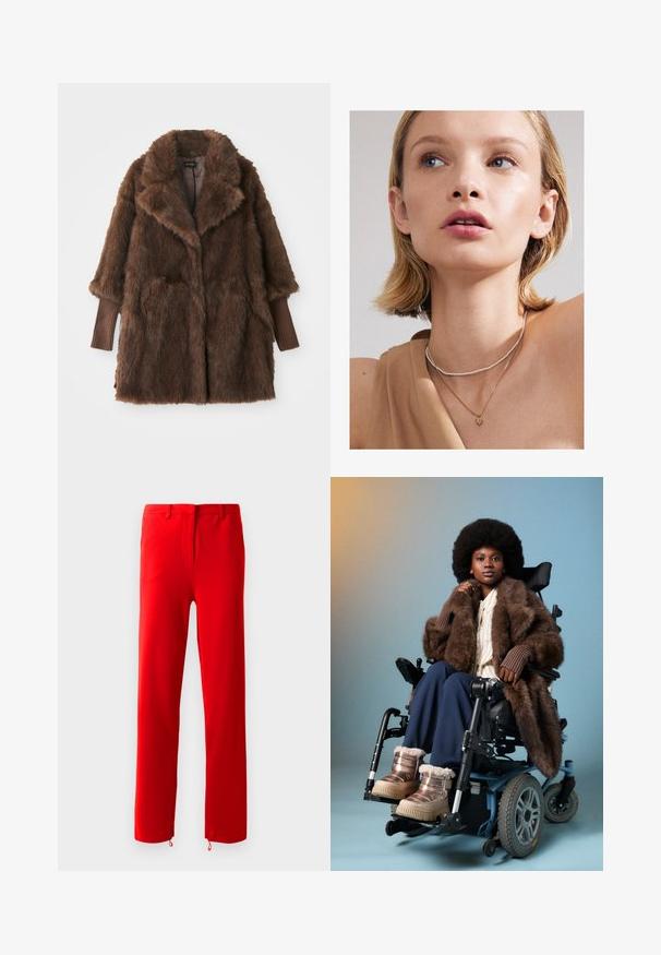 Hnědý kabát z umělé kožešiny s velkým límcem, dvěma předními kapsami a hnědými žebrovanými manžetami. Měkká, hebká textura a střední délka.; Pruhovaná košile v krémové a světle hnědé barvě, s knoflíkovým zapínáním v přední části, límcem a dlouhými rukávy s mírně zakřiveným lemem.; Červené kalhoty vyrobené z hladkého, pružného materiálu. Mají plochý přední díl se skrytým zipem, rovné nohavice a nastavitelné šňůrky na lemech.; Mladá černoška s afro účesem sedící v elektrickém vozíku, oblečená v kožichu, pruhované košili, námořnických kalhotách a metalických zimních botách.; Zlatý srdcový přívěsek na náhrdelníku vrstvený s jemným stříbrným korálkovým chokerem, nošený s béžovým topem. Pleť je hladká a mírně osvětlená.