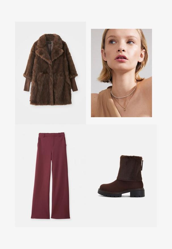 Brown faux fur coat with a large collar, two front pockets, and ribbed brown sleeve cuffs. Soft, plush texture, and mid-length design.; Striped shirt in cream and light brown, featuring a button-up front, collar, and long sleeves with a slightly curved hem.; Wide-leg trousers in deep burgundy with side pockets, belt loops, and a front seam detail, laid flat on a white background.; Brown ankle boot with a soft faux fur shaft, block heel, and textured rubber sole. Side zip closure and stitched detail around the base.; Gold heart pendant necklace layered with a delicate silver beaded choker, worn with a beige top. Skin is smooth and lightly illuminated.