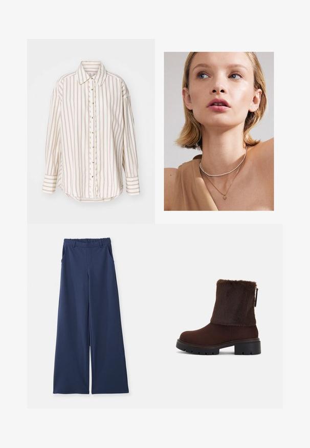 Brun faux fur-frakke med en stor krave, to frontlommer og ribbede brune ærmekanter. Blød, luksuriøs tekstur og mellemlang design.; Stribet skjorte i cremefarvet og lysbrun, med knaplukning foran, krave og lange ærmer med en let buet kant.; Navyblå bukser med bred benvidde, elastisk talje, bæltestropper og sidelommer, vist fladt på en hvid baggrund.; Brune ankelstøvle med en blød kunstlæder skaft, blokhæl og tekstureret gummisål. Lynlåslukning på siden og syet detalje rundt om bunden.; Gul hjertevedhæng necklace lagdelt med en delikat sølvperle choker, båret med en beige top. Huden er glat og let oplyst.