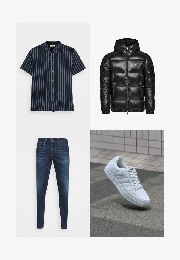 Svart pufferjakke med en blank, kviltet tekstur, glidelås foran, to sidelommer og hette som kan tas av. Har logoakcent på brystet.; Kortermet, skjortebluse i mørk marineblå med vertikale hvite striper. Mykt stoff, vanlig krage og subtil tekstur. ; Mørkeblå denimjeans med smal passform, subtil falming, fem lommer og metallknaplukking. Sømmer i kontrastfarge.; Hvit atletisk sneaker med glatt skinnoverside, snøring foran, perforert tå og mønstrets såle. Minimalistisk design med tre side-striper.