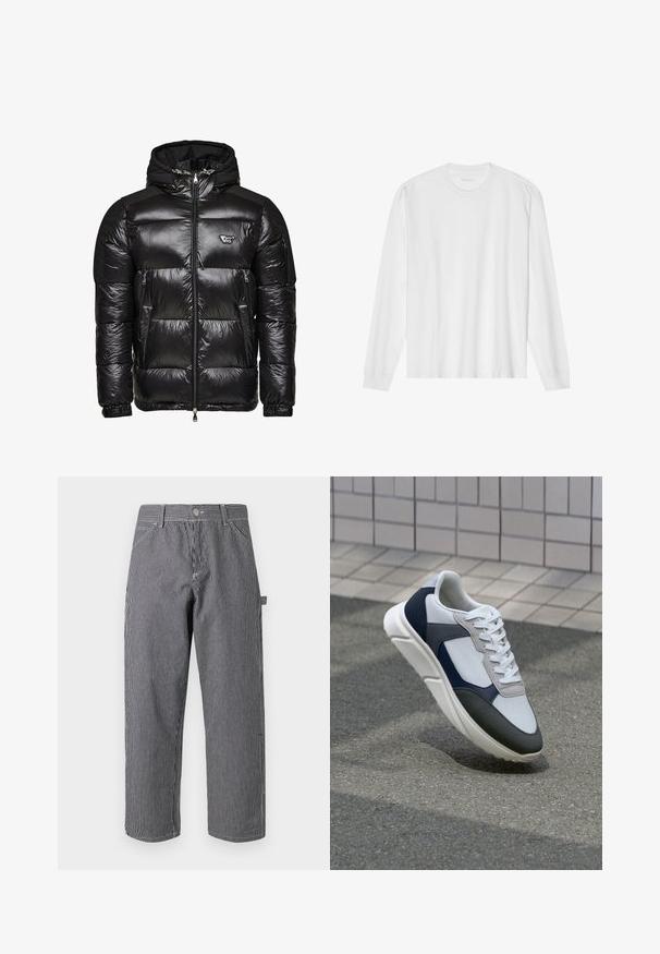 Musta puhvituuli takki, jossa on kiiltävä, tikattu pinta, vetoketjullinen etuosa, kaksi sivutaskua ja irrotettava huppu. Rintataskussa logo.; Pitkähihaisen valkoisen puuvillapaidan, jossa on pyöreä kaula-aukko ja ribbaus hihansuissa. Yksinkertainen, koristeltu design, jossa on sileä rakenne ja normaali istuvuus.; Raidoisuuden housut, jotka on valmistettu puuvillasekoitekankaasta, jossa on pystysuorat musta-valkoiset raidat, napituskiinnitys ja sivutasku design.; Valkoinen, laivastonsininen ja harmaa tennari sekamateriaalimuotoilulla, jossa on teksturoitu päällinen, litteät nauhat ja pehmustettu pohja.