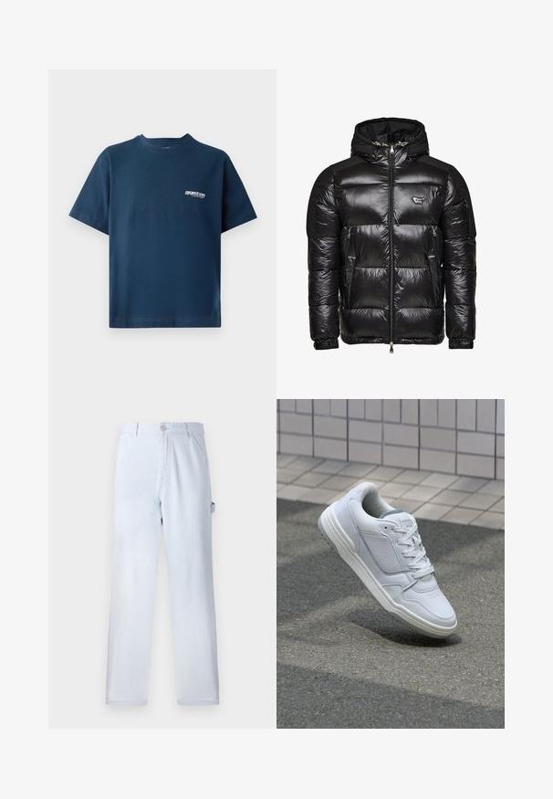 Giubbotto a forma di piuma nero con una texture lucida e trapuntata, chiusura con zip frontale, due tasche laterali e cappuccio rimovibile. Presenta un accento con logo sul petto.; T-shirt in cotone blu navy con maniche corte e scollatura rotonda. Presenta un piccolo logo bianco sull'area a sinistra del petto. Texture morbida.; Pantaloni a righe blu chiaro realizzati in cotone. Design a gamba dritta, con chiusura frontale a bottone e tasche laterali. Texture morbida.; Sneaker bianca in pelle con lati perforati, accenti testurizzati, lacci piatti e tallone grigio a contrasto. Presenta una suola leggermente elevata.