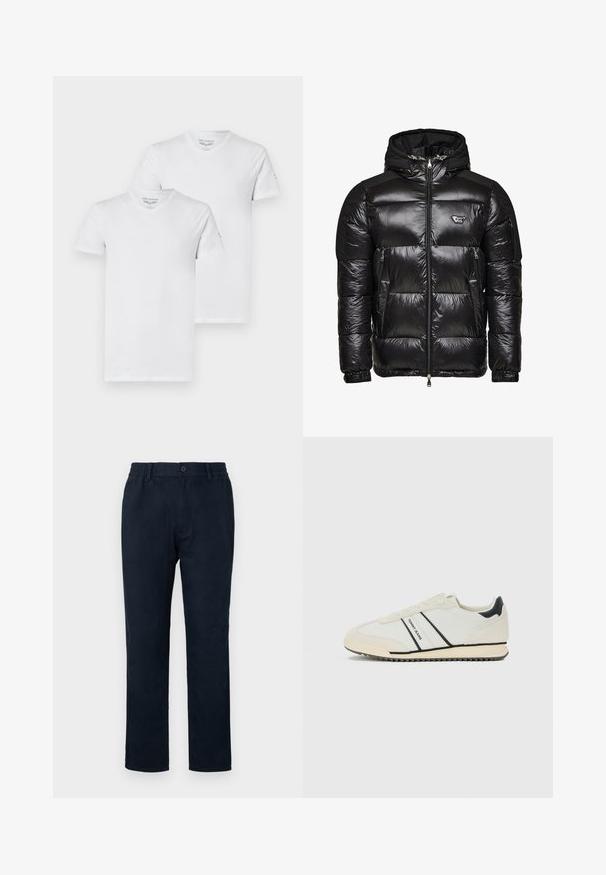 Sort pufferjakke med en blank, quiltet tekstur, lynlåslukning foran, to sidelommer og en aftagelig hætte. Har logoaccent på brystet.; To hvide V-hals T-shirts lavet af bomuld, med korte ærmer og en afslappet pasform, med brandlogoet trykt på den ene ærme.; Marineblå chinos med elastisk talje, en knaplukning foran og lige ben-design. Glat tekstur uden synlige mønstre.; Hvide afslappede sneakers med sorte accenter og "TOMMY JEANS" branding på siden, flad sål med rillede bunde, og snørebåndsdesign.