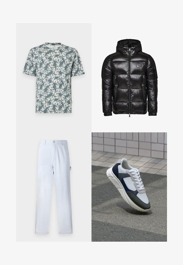 Black puffer jacket with a shiny, quilted texture, zippered front, two side pockets, and a detachable hood. Features logo accent on chest.; Short-sleeve T-shirt in a teal color, featuring a white floral pattern. Made from lightweight fabric with a relaxed fit.; Light blue striped trousers made of cotton. Straight-leg design, featuring a front button closure and side pockets. Soft texture.; White, navy, and gray sneaker with a mixed material design, featuring a textured upper, flat laces, and a cushioned sole.