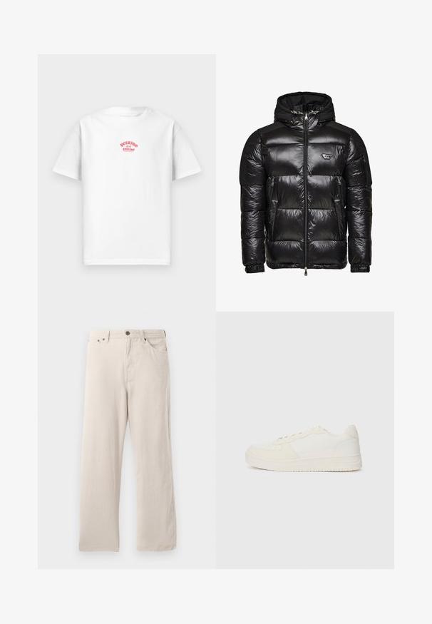 Črni puffa plašč z sijočo, prešito teksturo, zadrgo spredaj, dvema stranskima žepoma in snemljivo kapuco. Značilnosti vključujejo logotip na prsih.; Bela bomba majica iz bombaža z rdečim tiskanim dizajnom, ki na prsih govori "Perdido en el paraíso", kratki rokavi, sproščen kroj.; Bež plisse hlače s ravnim krojem, z ribasto teksturo, petimi žepnimi detajli in zapiranjem na gumb.; Bela teniska z gladkim usnjenim zgornjim delom in aksesorji iz semšine. Ima perforiran prst, ravne vezalke in gumijast podplat z strukturiranimi detajli.