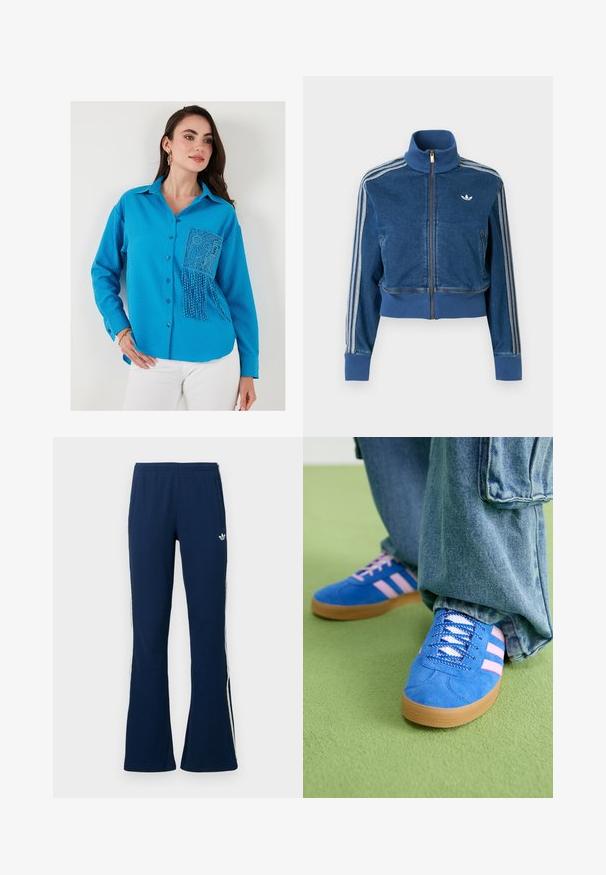 Kék farmer anyagú, cipzáras dzseki magas gallérral, bordázott mandzsettákkal és három fehér csíkkal az ujjak mentén. A mellkason kis logóval díszítve.; Kék textúrájú gombos ing, csipkebetéttel és gyöngy díszítéssel ellátott zsebével. Hosszú ujjak és gallér teszi teljessé a kialakítást.; Tengerészkék bordázott, bővülő szabású melegítőnadrág fehér oldalsávokkal és bal oldalon hímzett logóval, két oldalzsebbel.; Kék velúr cipők rózsaszín csíkokkal és fehér fűzővel, gumiból készült talppal, laza farmernadrággal egy zöld felületen.